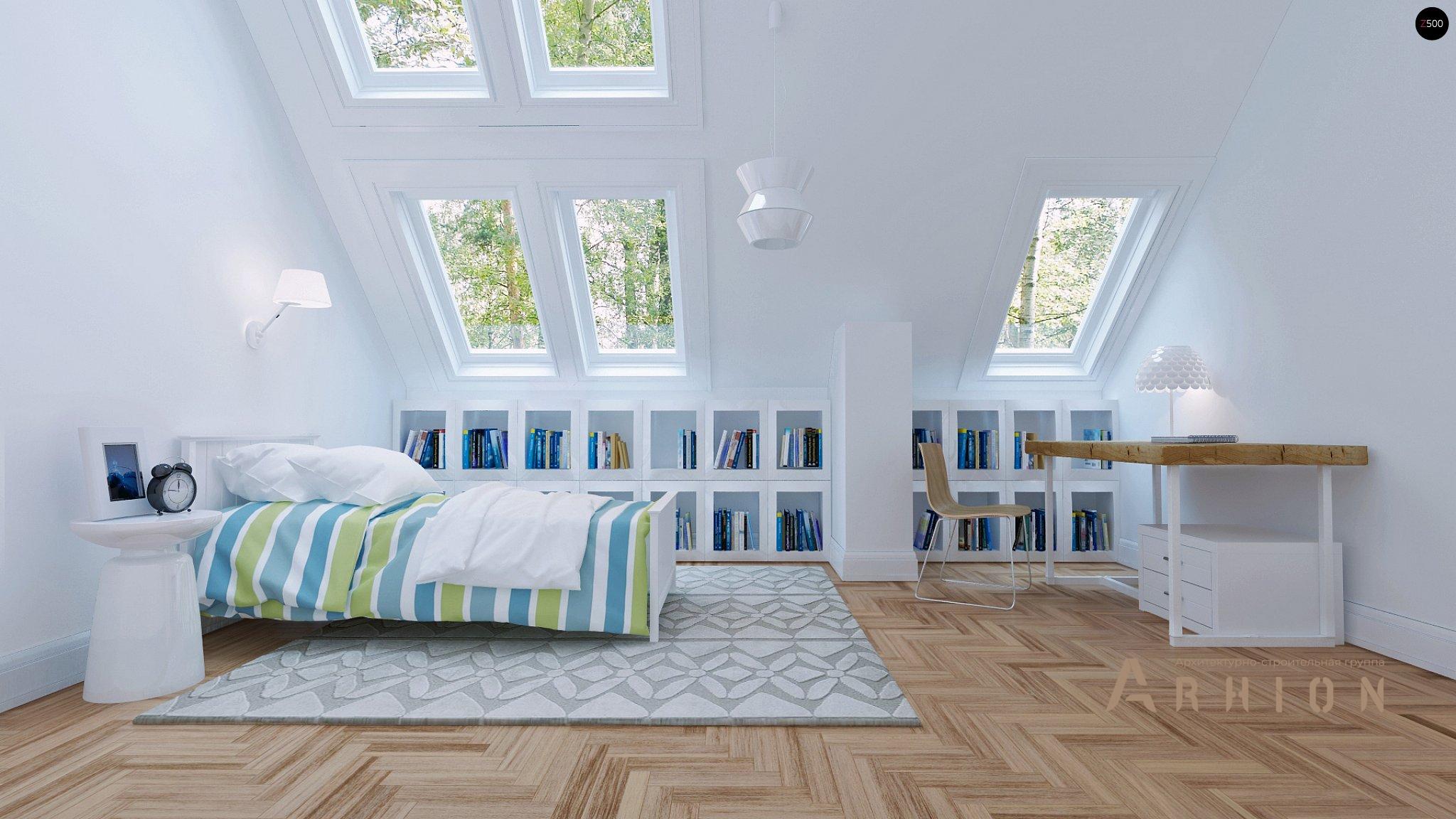 7. Проект одноэтажного дома в европейском стиле с двускатной кровлей, Z226 plus, площадью - 175 кв c мансардой, терассой, гаражом, эркером